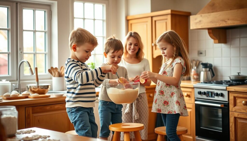 Children baking cookies safely in UK kitchen Children baking cookies safely in UK kitchen